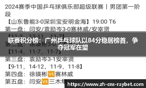 联赛积分榜：广州乒乓球队以84分稳居榜首，争夺冠军在望